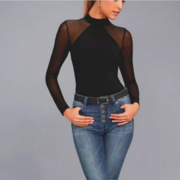 Ladies Lulu's Black Hi Neck Mesh Sleeves Cheeky Snap Crotch Bodysuit Size M - Picture 1 of 10